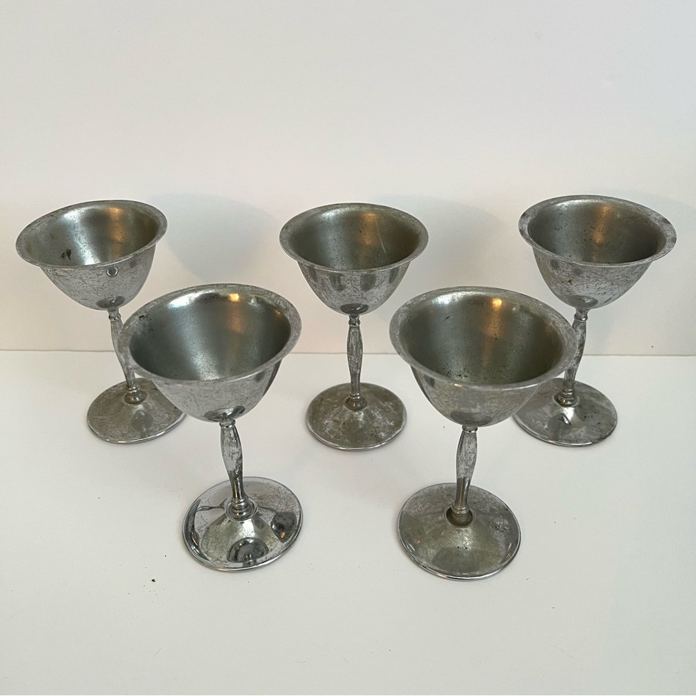 Vintage Silverplate Goblets – Set of 5 – Pewter Stemware – Mid Century Barware